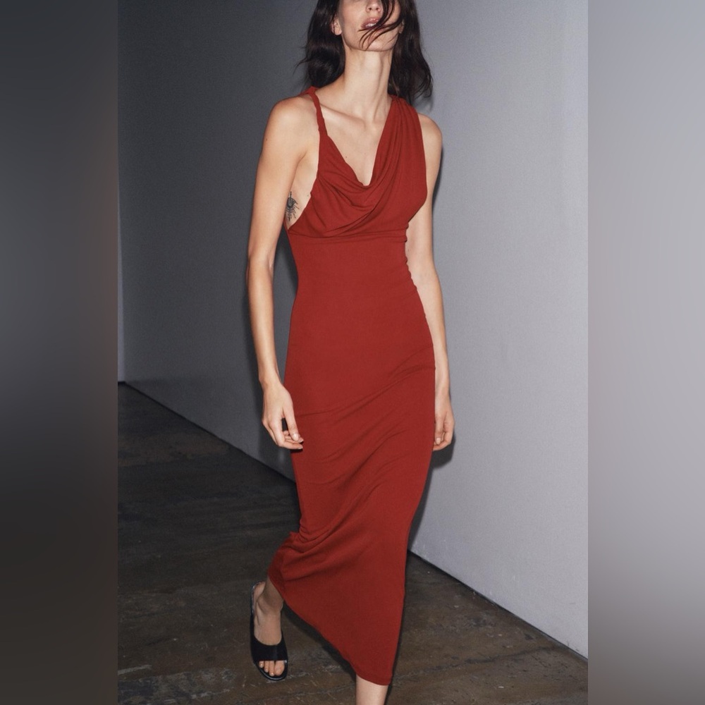 Zara NWT Dark Blood Red Sexy Elegant Cowl Draped Bodycon Maxi Dress (Size Small) - Picture 4 of 9